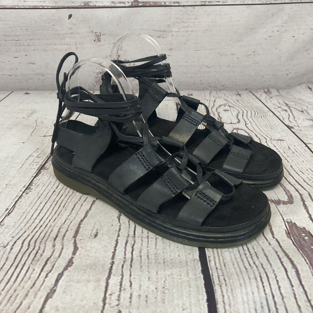 Dr Martins Sandals Women 9 Black Leather Kristina New Oily Illusion Lace Up Flat